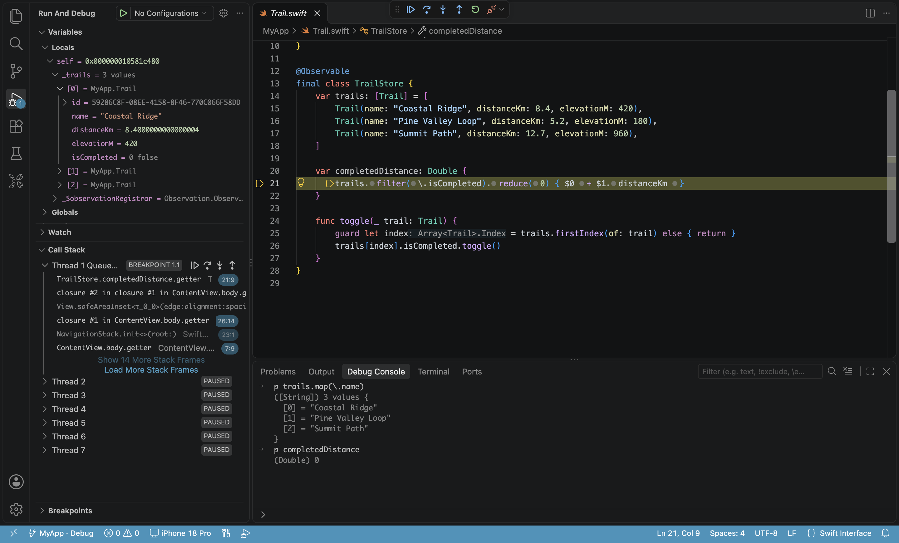 The debug view stopped at a breakpoint