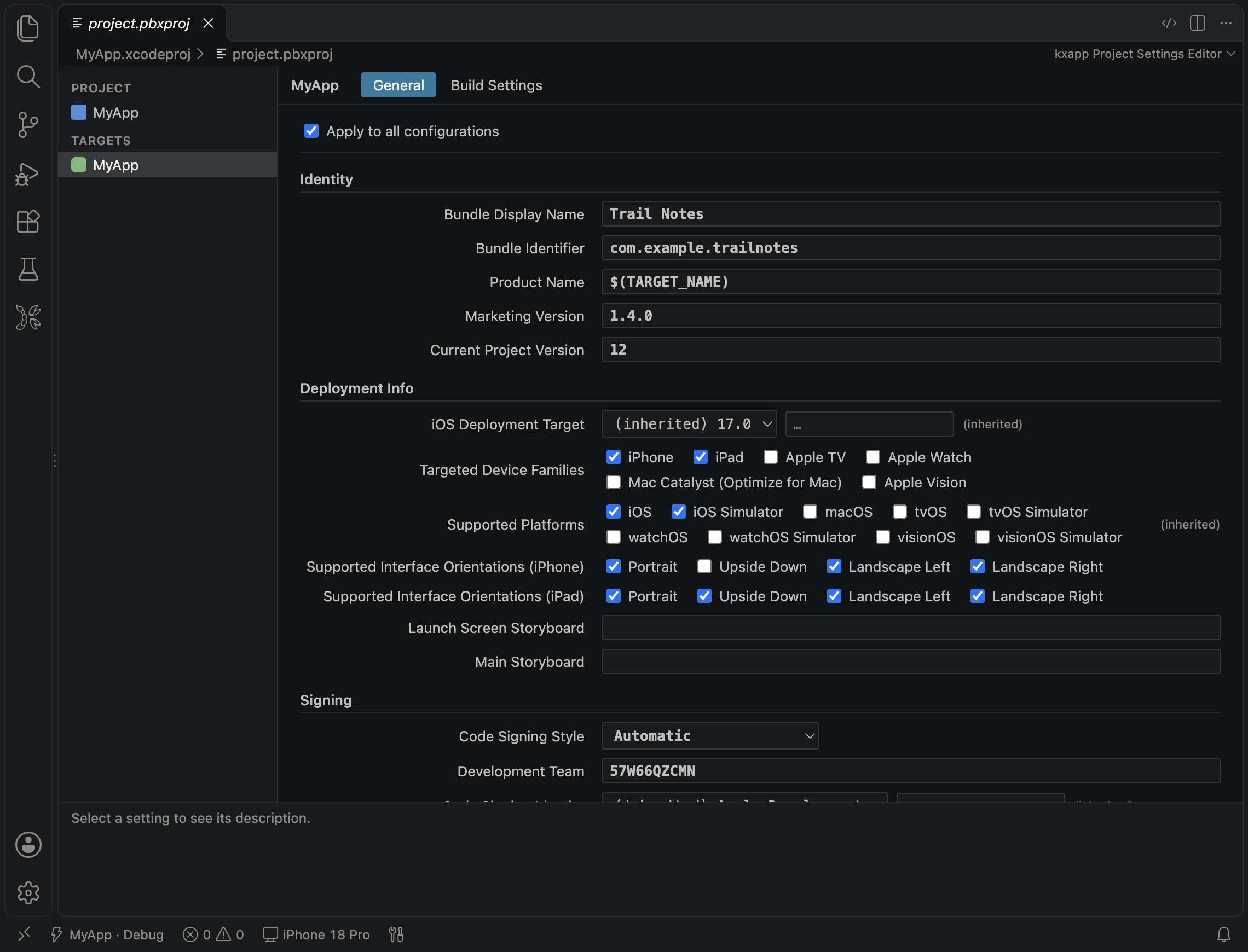 Project settings editor