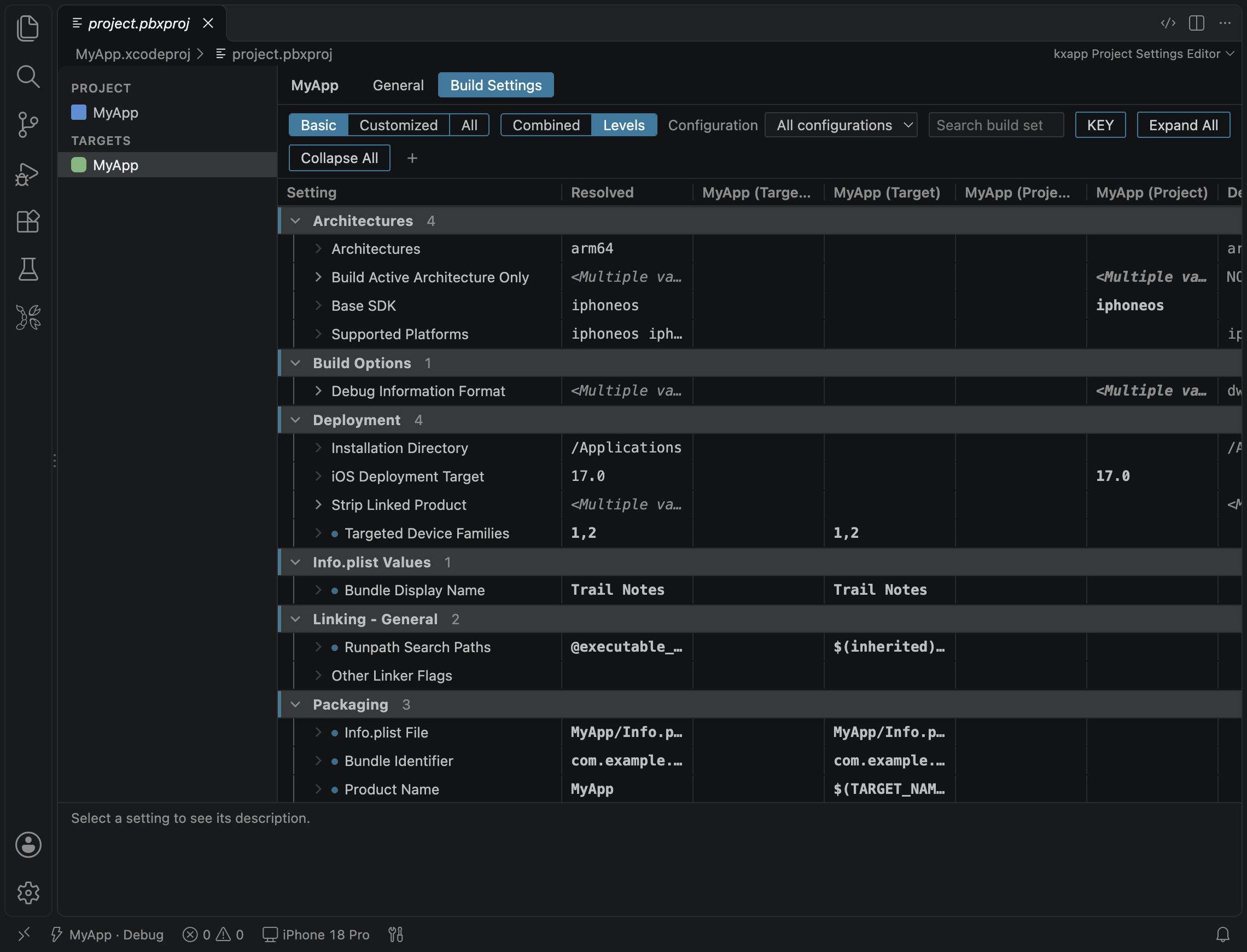 The Levels view of Build Settings